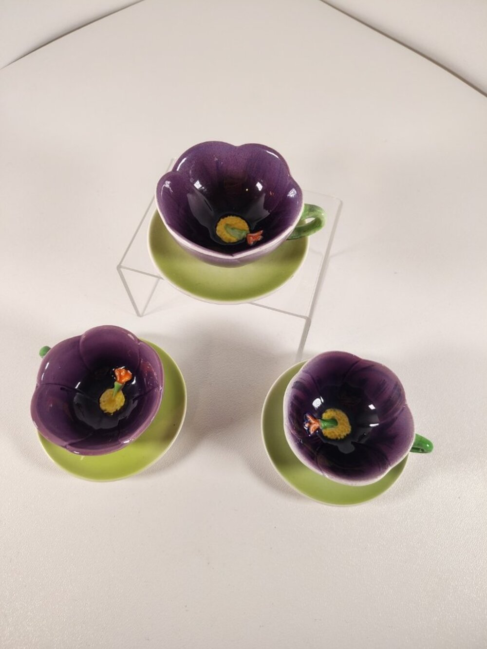 Lefton Vintage Mini Porcelain Scalloped Flower Tea Cup Saucer 2516 Japan Set 3